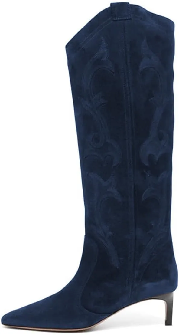 FYS Women Square Toe Knee High Boots Embroidered Kitten Low Heel Western Boots Casual Street Daily Shoes Size 4-16 US
