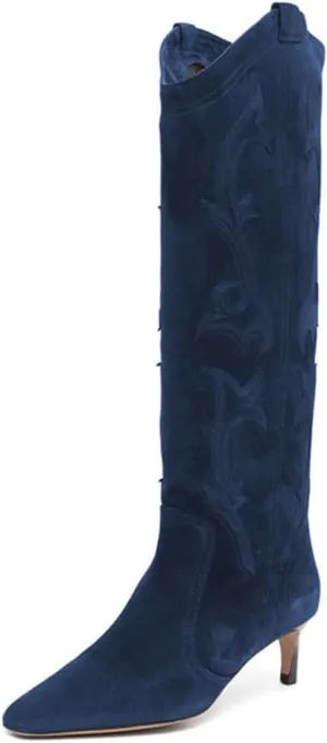 FYS Women Square Toe Knee High Boots Embroidered Kitten Low Heel Western Boots Casual Street Daily Shoes Size 4-16 US