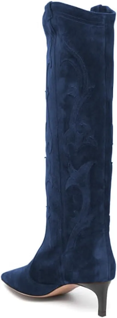 FYS Women Square Toe Knee High Boots Embroidered Kitten Low Heel Western Boots Casual Street Daily Shoes Size 4-16 US