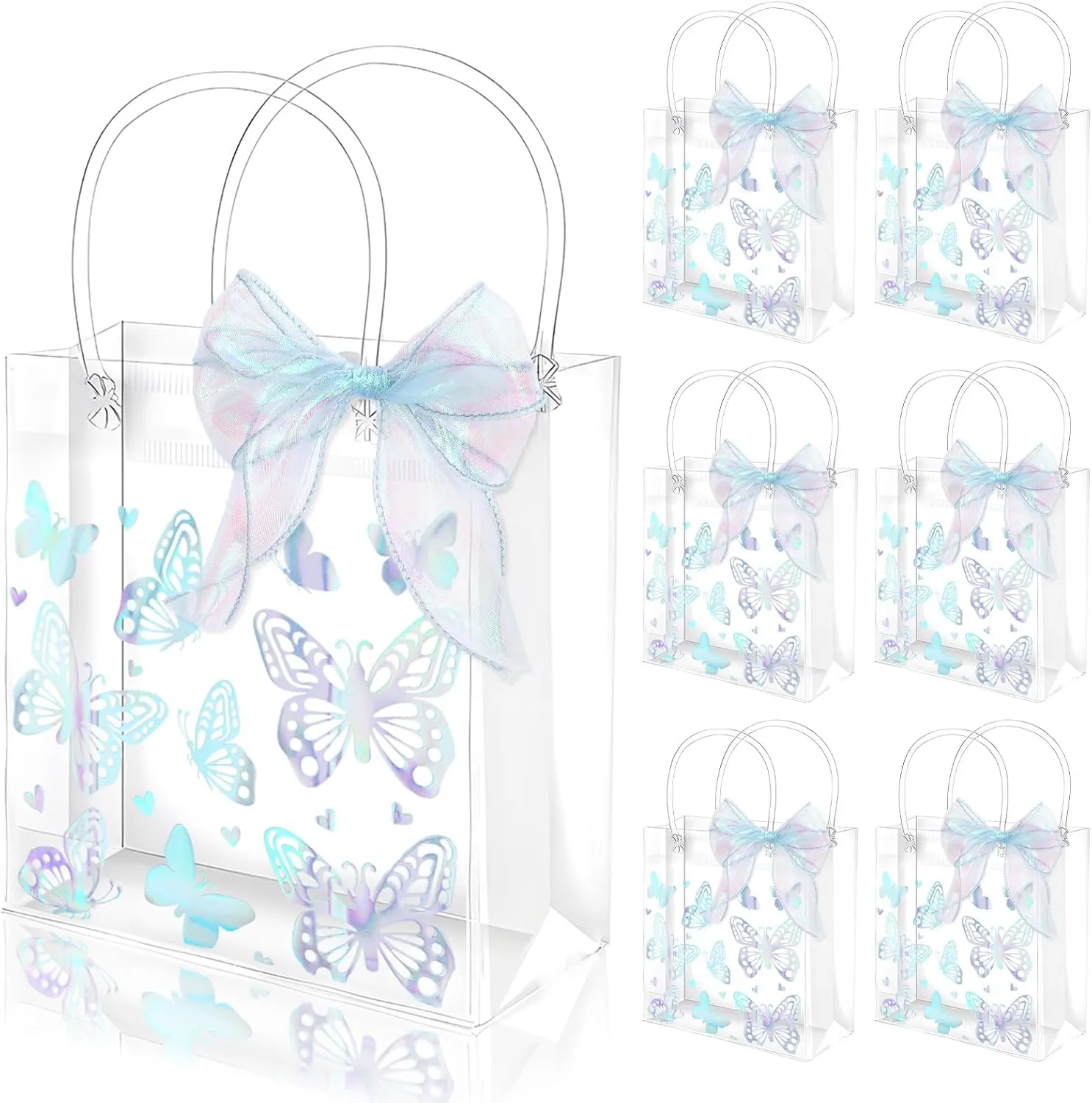 FYSUIMU 24 Pcs Holographic Butterfly Clear PVC Gift Bags Iridescent Butterfly Party Favor Bags with Handle Laser Treat Tote Bags with Ribbon for Wedding Birthday Baby Shower