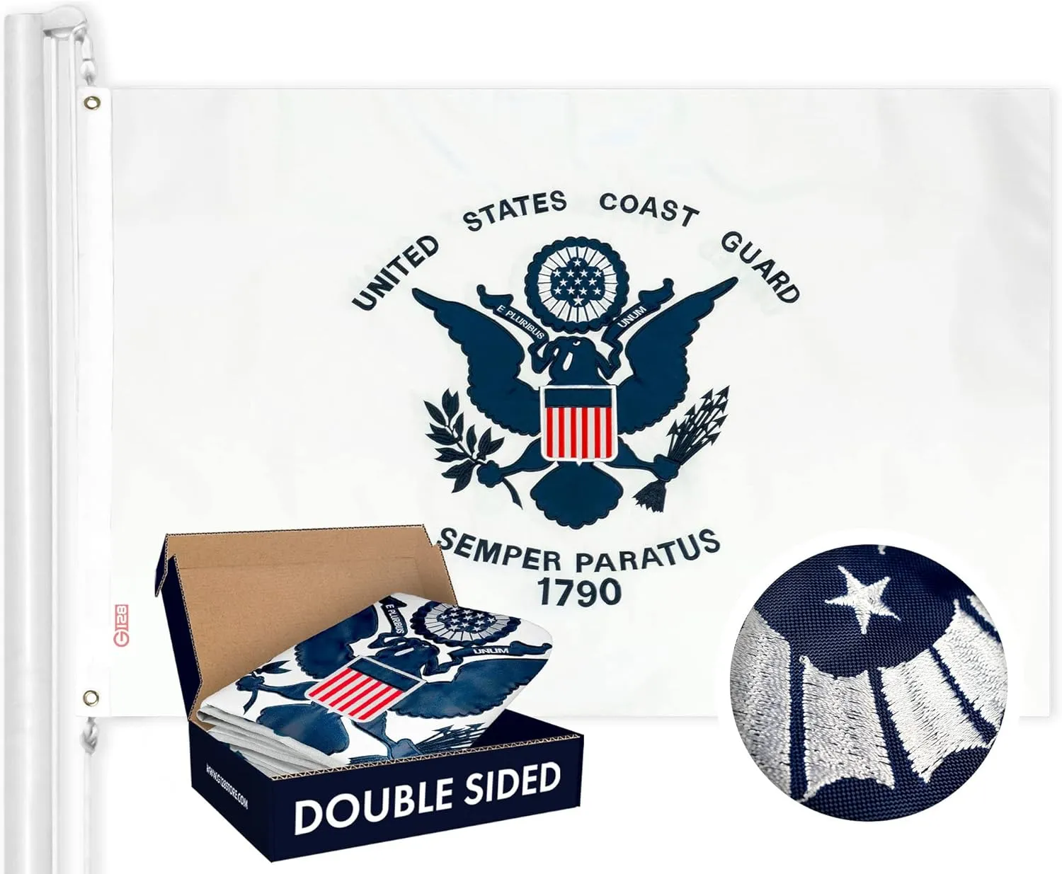 G128 US Coast Guard Flag | 3x5 Ft | Double ToughWeave Series Double Sided Embroidered 210D Polyester | Military Flag, Embroidered Design, Indoor/Outdoor, Brass Grommets, Heavy Duty, 3-ply