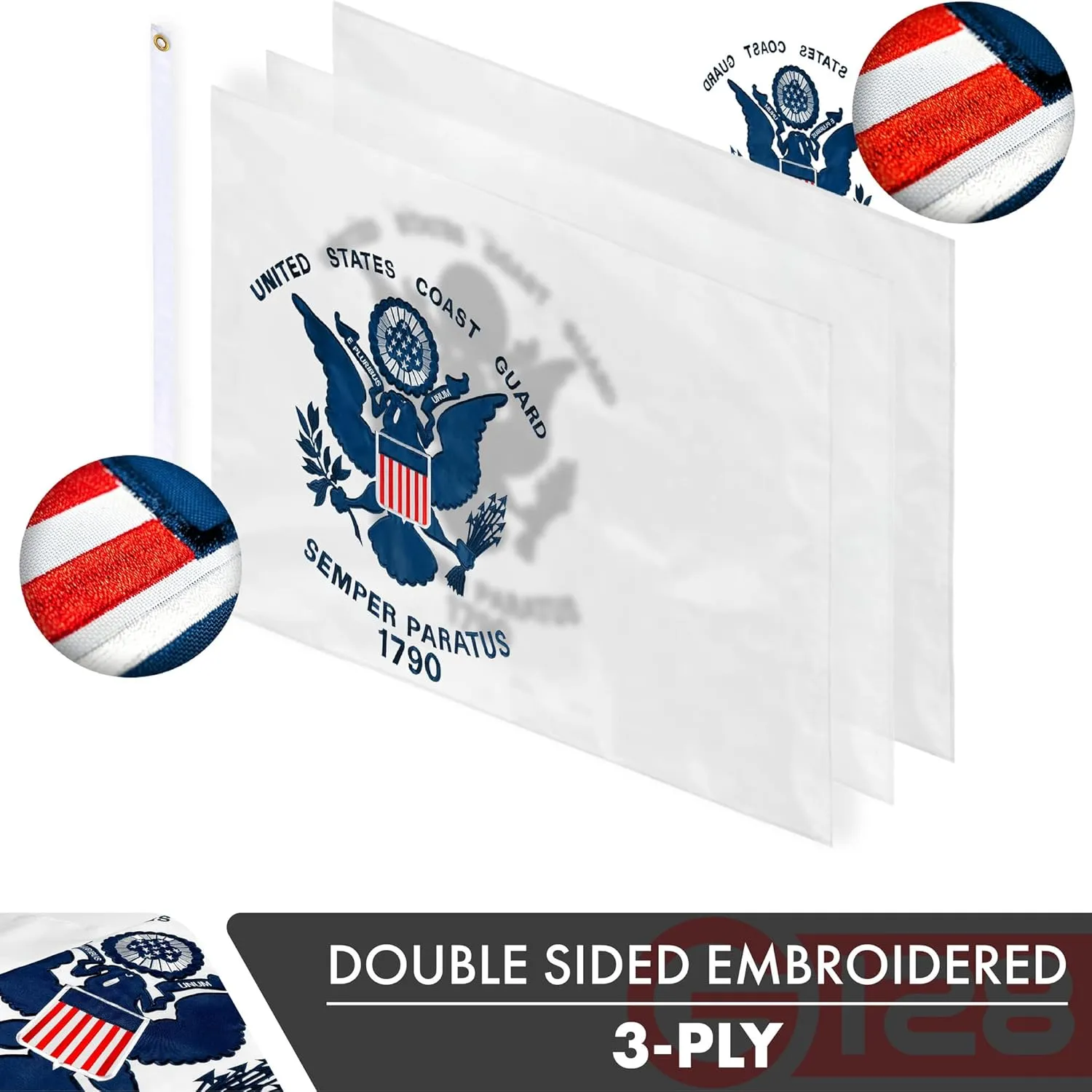 G128 US Coast Guard Flag | 3x5 Ft | Double ToughWeave Series Double Sided Embroidered 210D Polyester | Military Flag, Embroidered Design, Indoor/Outdoor, Brass Grommets, Heavy Duty, 3-ply