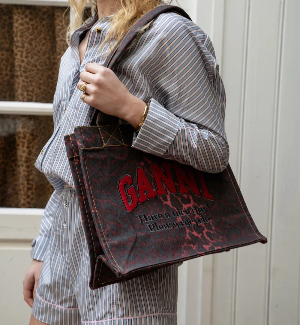 GANNI Red Leopard Canvas Tote Bag