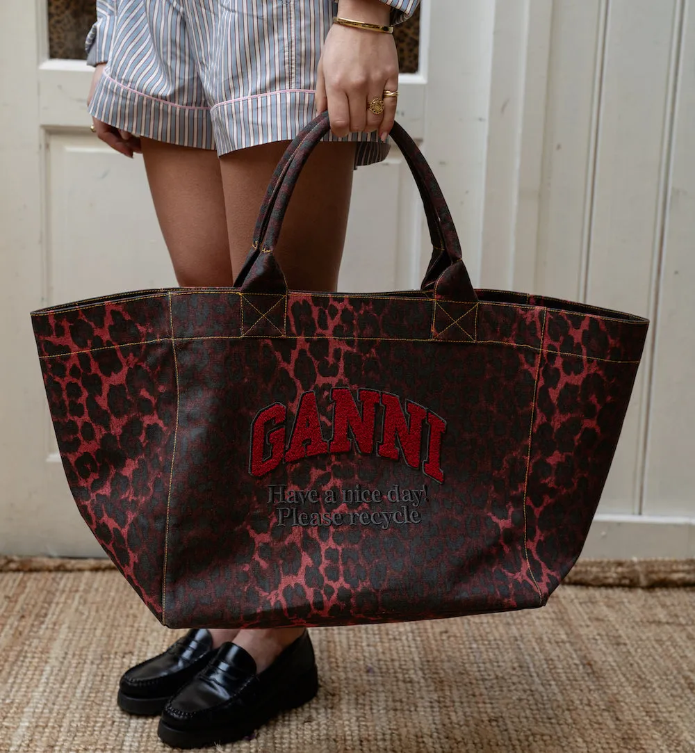 GANNI Red Leopard Oversized Canvas Tote Bag