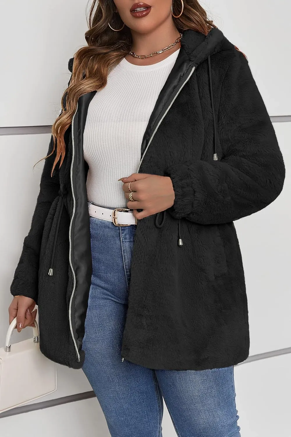 Geschallino Women's Faux Fur Coat Fleece Reversible Sherpa Fuzzy Winter Puffer Jacket (Available in Plus Size)