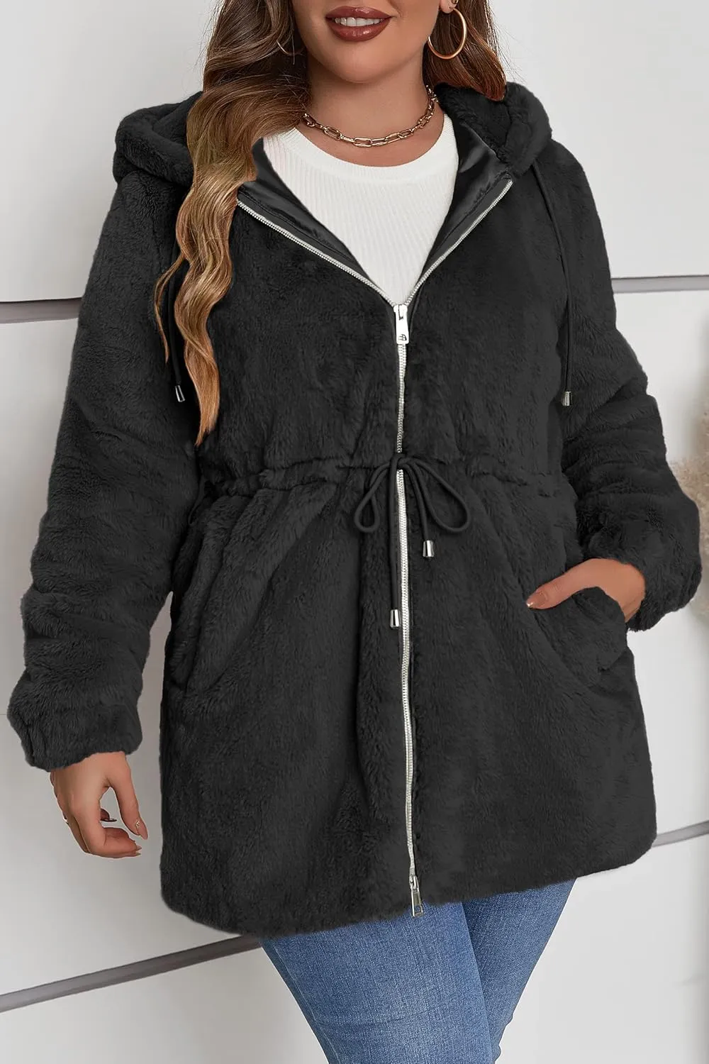 Geschallino Women's Faux Fur Coat Fleece Reversible Sherpa Fuzzy Winter Puffer Jacket (Available in Plus Size)