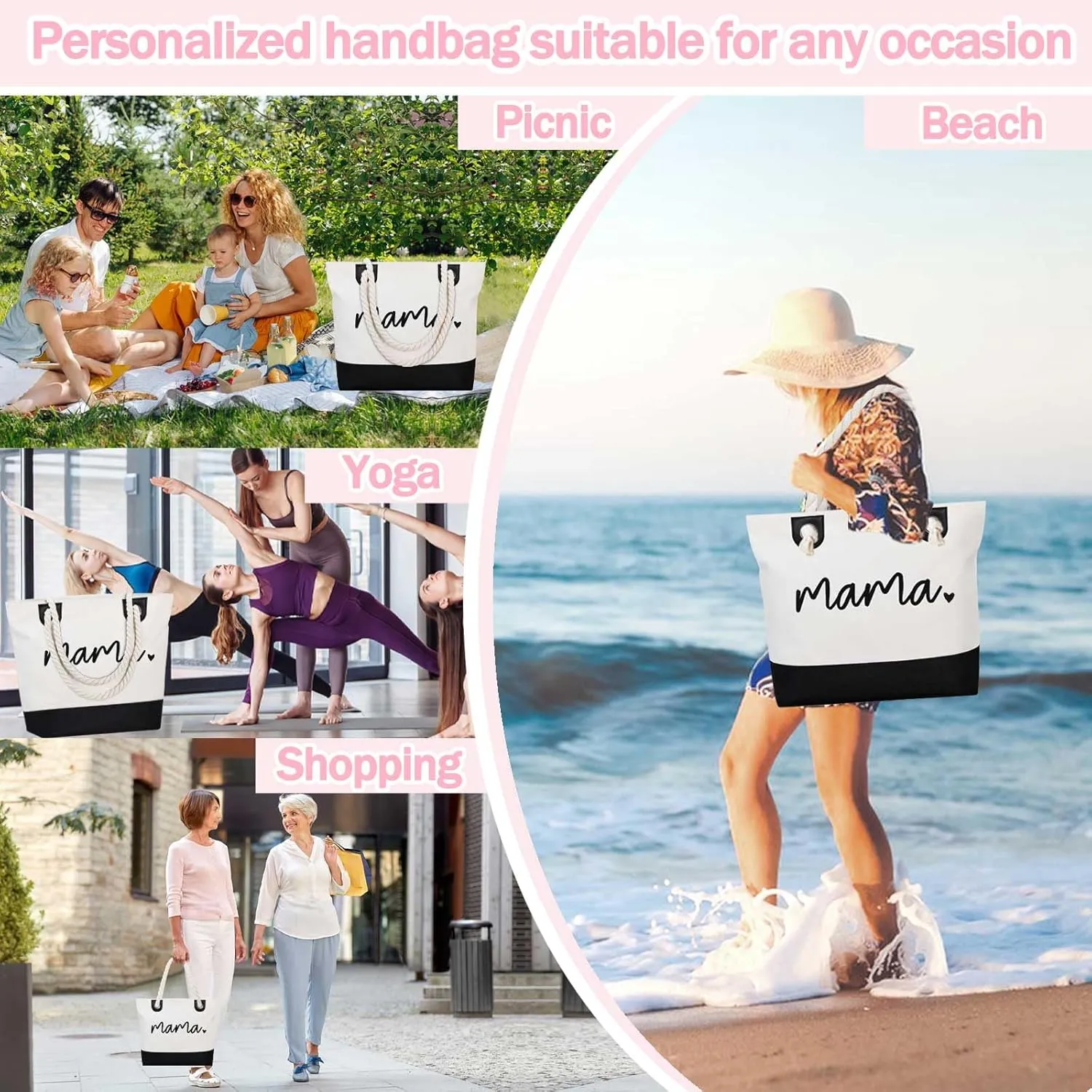 GhvyenntteS Birthday Gifts for Women - Mama Bag, New Mom Gifts, Beach Tote Bag, Mom Bag with Zipper, Personalized Mama Tote Bag for Women, Grandma, Black