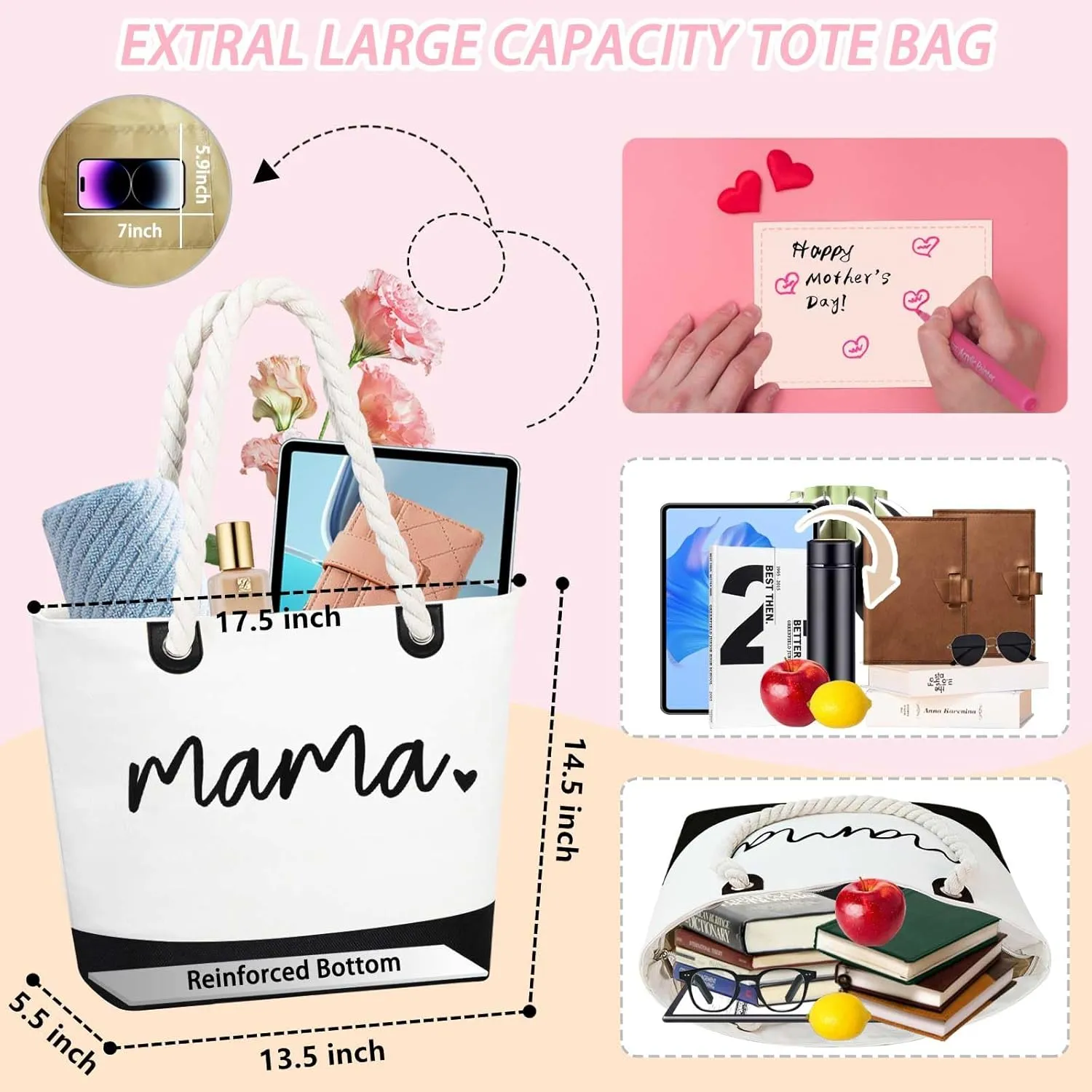 GhvyenntteS Birthday Gifts for Women - Mama Bag, New Mom Gifts, Beach Tote Bag, Mom Bag with Zipper, Personalized Mama Tote Bag for Women, Grandma, Black