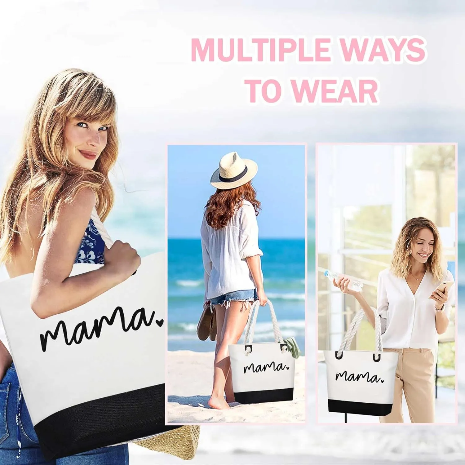 GhvyenntteS Birthday Gifts for Women - Mama Bag, New Mom Gifts, Beach Tote Bag, Mom Bag with Zipper, Personalized Mama Tote Bag for Women, Grandma, Black