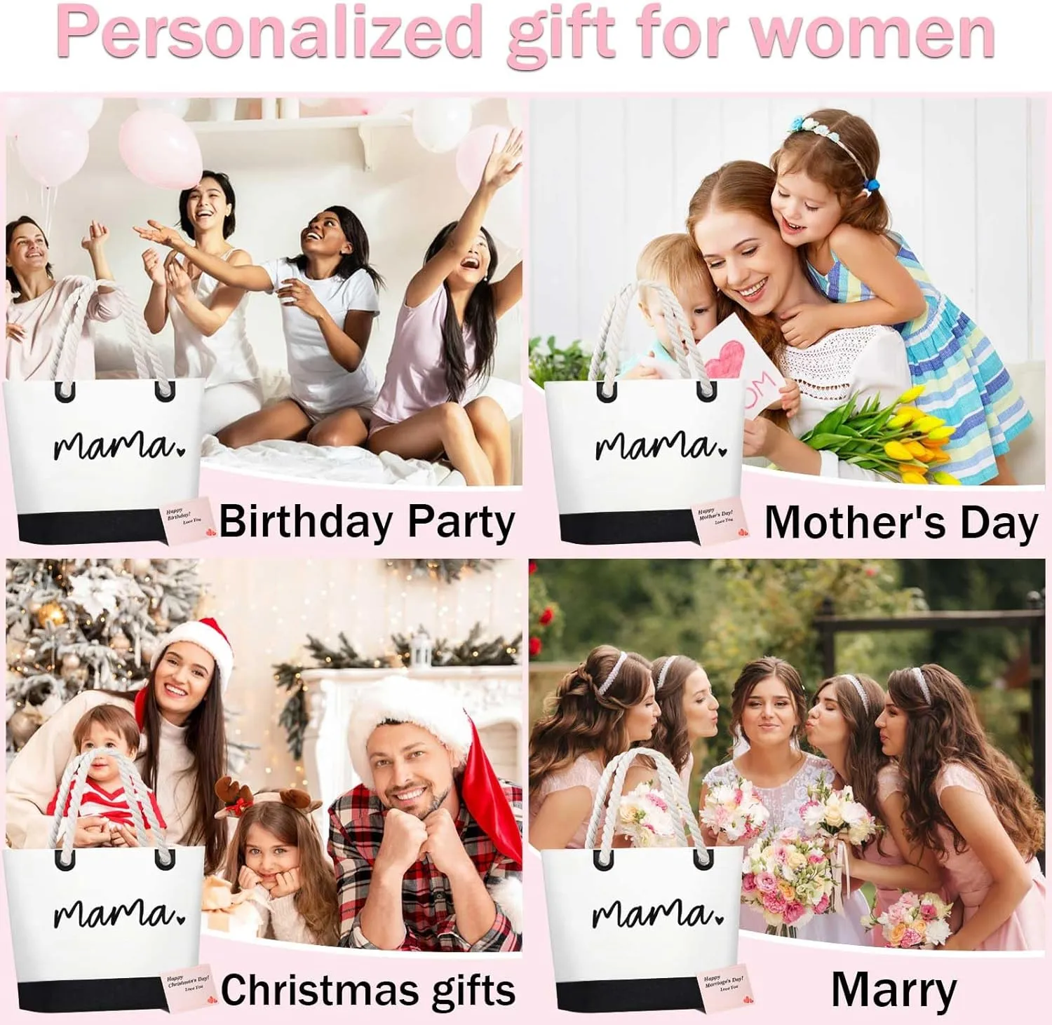 GhvyenntteS Birthday Gifts for Women - Mama Bag, New Mom Gifts, Beach Tote Bag, Mom Bag with Zipper, Personalized Mama Tote Bag for Women, Grandma, Black
