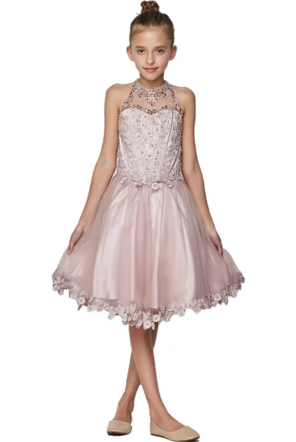 Girl party dress with a halter neckline and with pearls and jewels