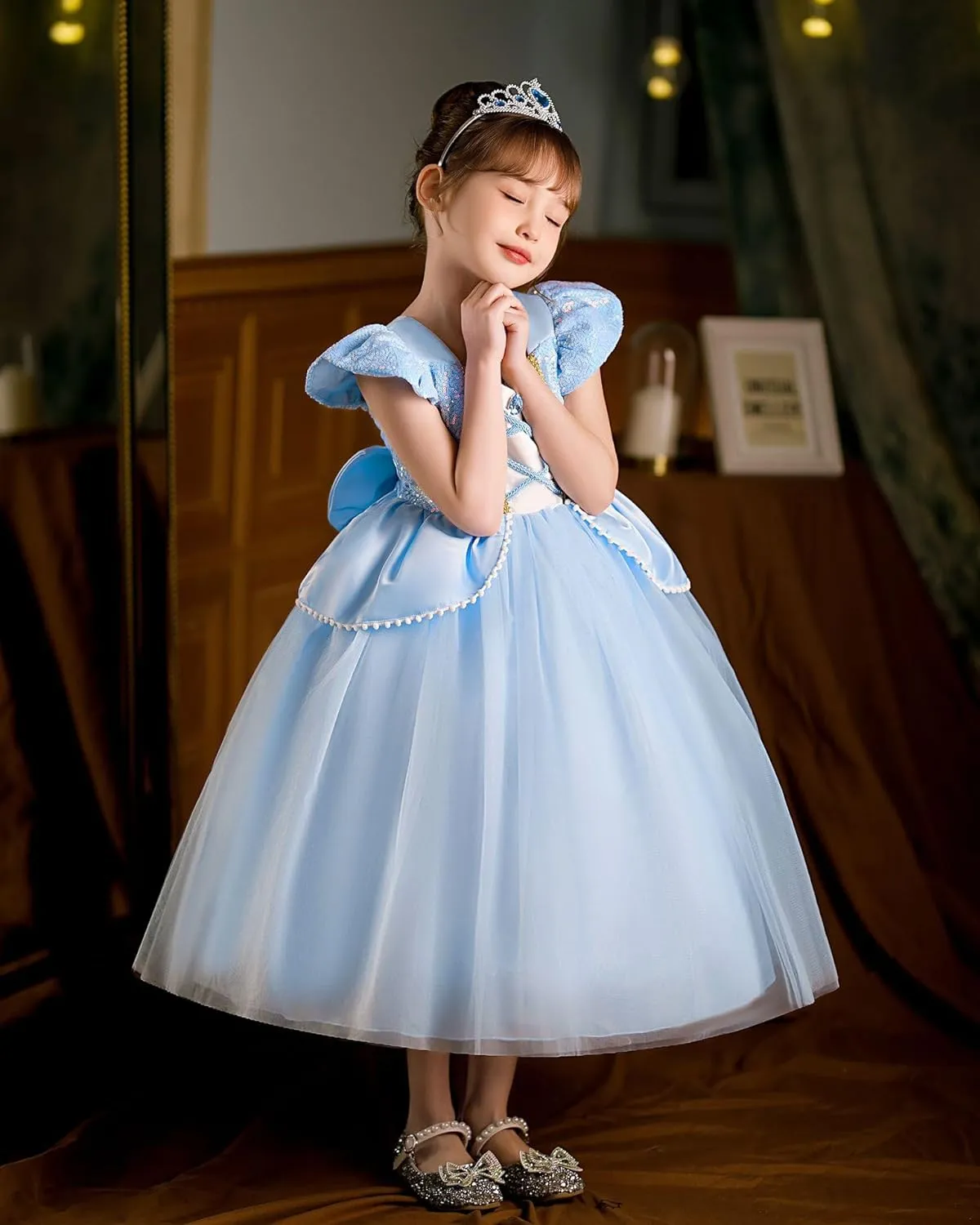 Girls Cinderella Princess Dress Kids Blue Princess Costume Dress up Costume Sets for Cinderella 5-6Years