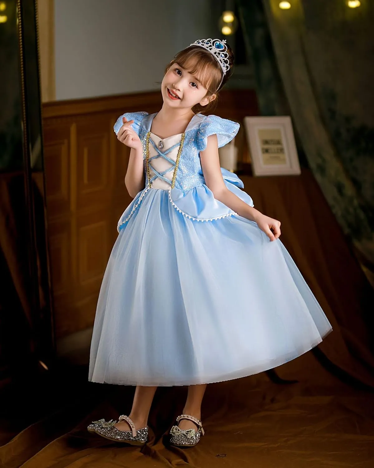 Girls Cinderella Princess Dress Kids Blue Princess Costume Dress up Costume Sets for Cinderella 5-6Years