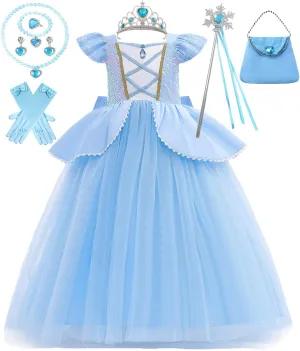 Girls Cinderella Princess Dress Kids Blue Princess Costume Dress up Costume Sets for Cinderella 5-6Years