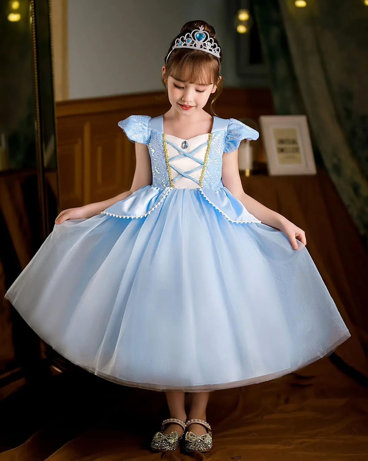 Girls Cinderella Princess Dress Kids Blue Princess Costume Dress up Costume Sets for Cinderella 5-6Years