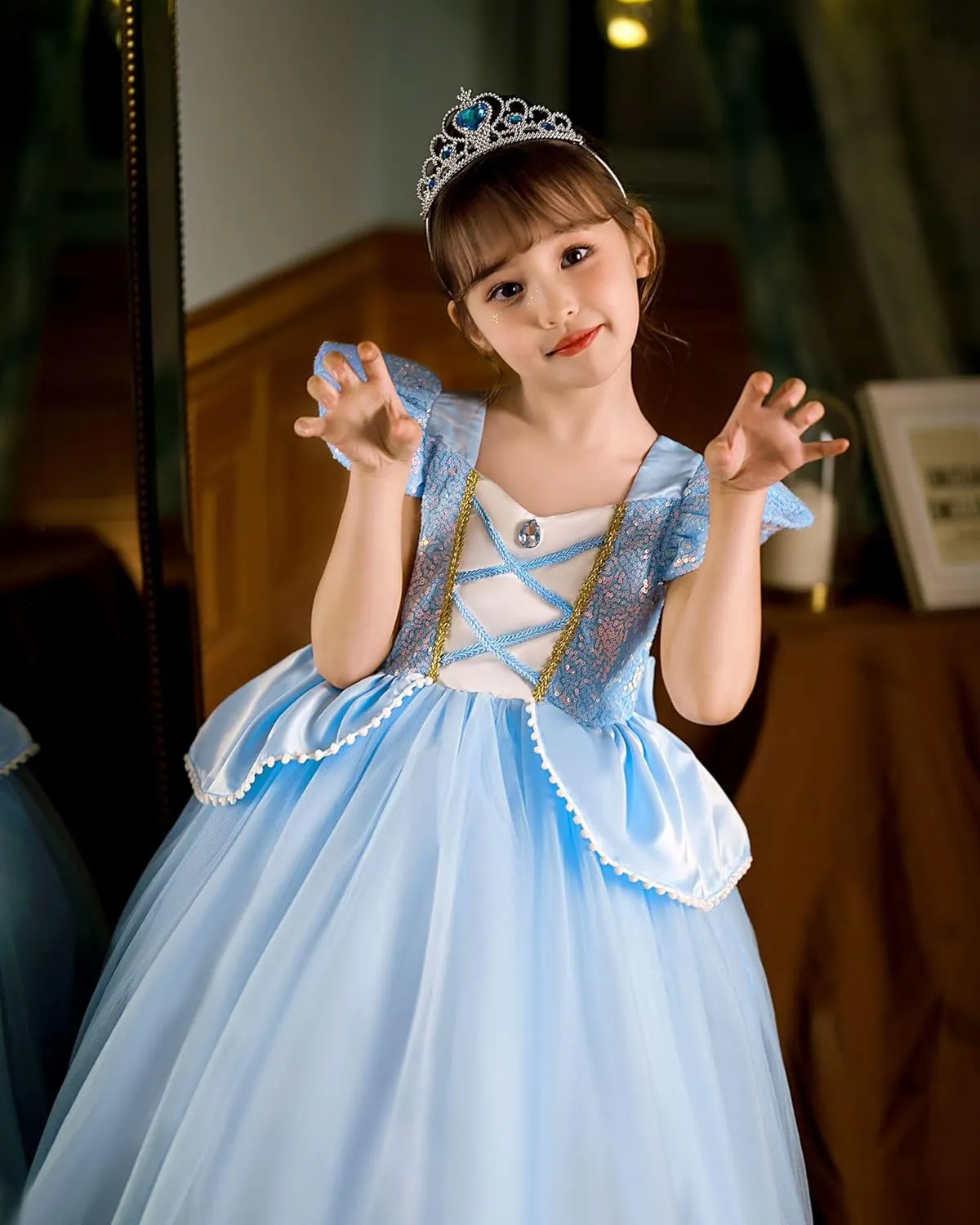 Girls Cinderella Princess Dress Kids Blue Princess Costume Dress up Costume Sets for Cinderella 5-6Years
