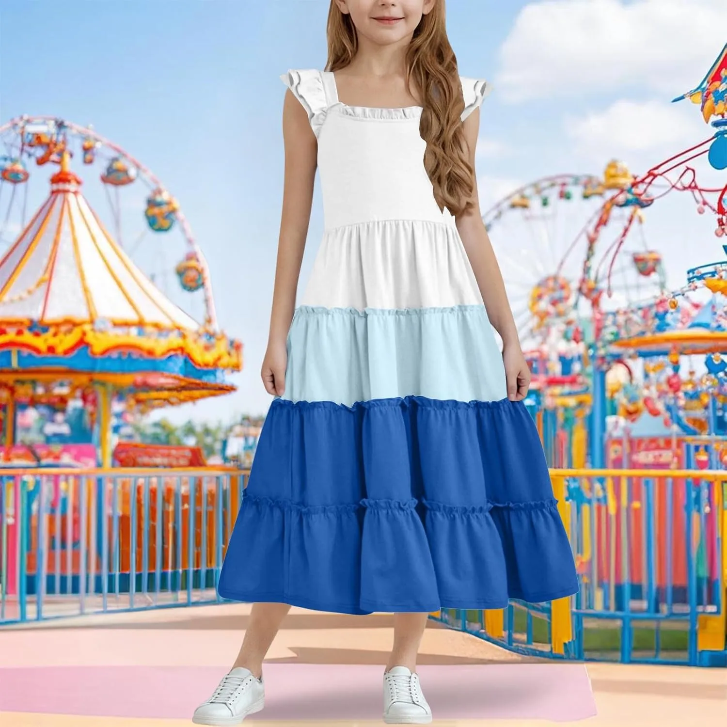 Girl's Dresses Summer Sleeveless Dress Ruffled Swing Dresses Color Block Midi Dress Casual Sundress Vacation Clothes