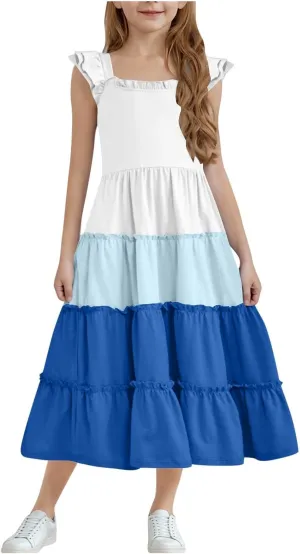 Girl's Dresses Summer Sleeveless Dress Ruffled Swing Dresses Color Block Midi Dress Casual Sundress Vacation Clothes