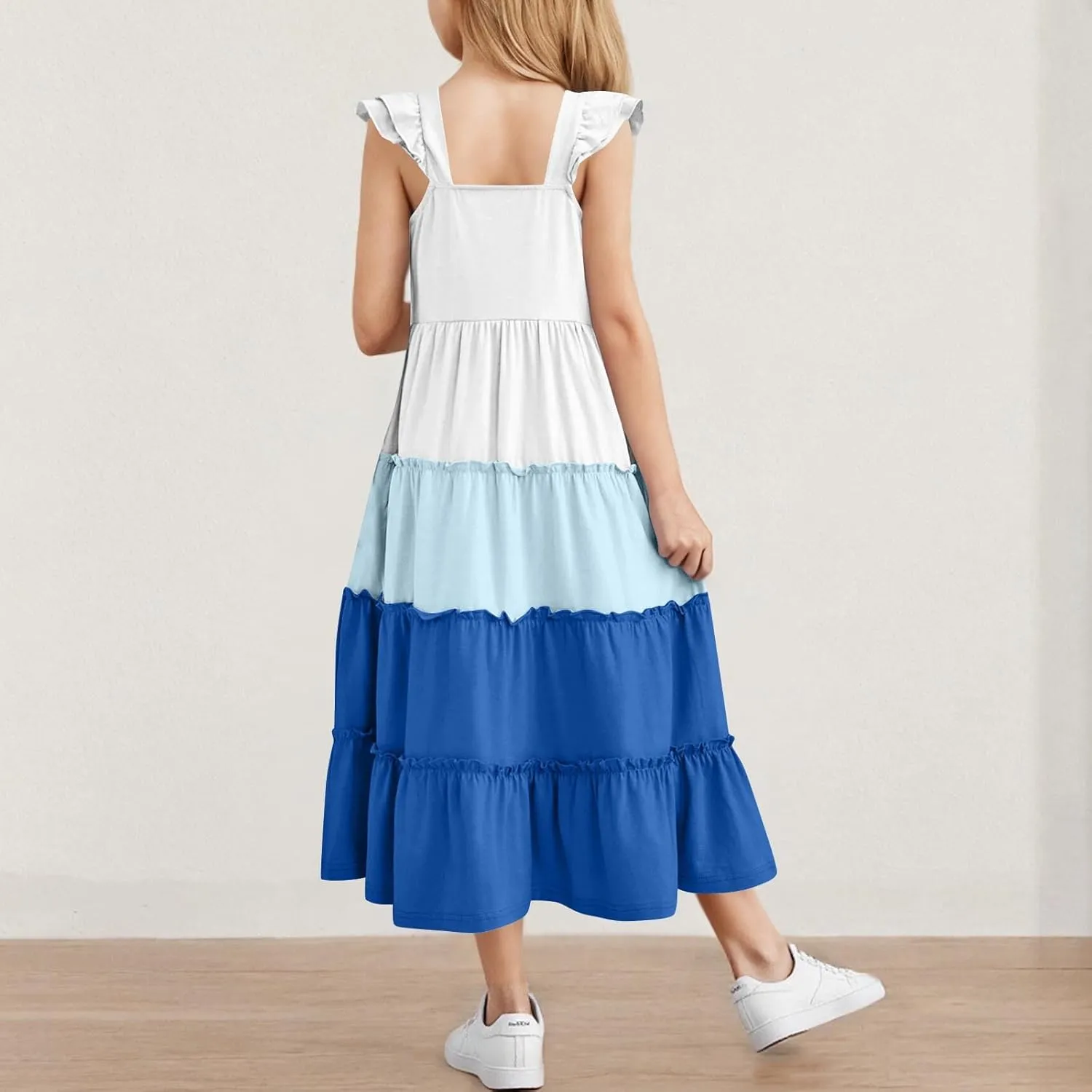 Girl's Dresses Summer Sleeveless Dress Ruffled Swing Dresses Color Block Midi Dress Casual Sundress Vacation Clothes