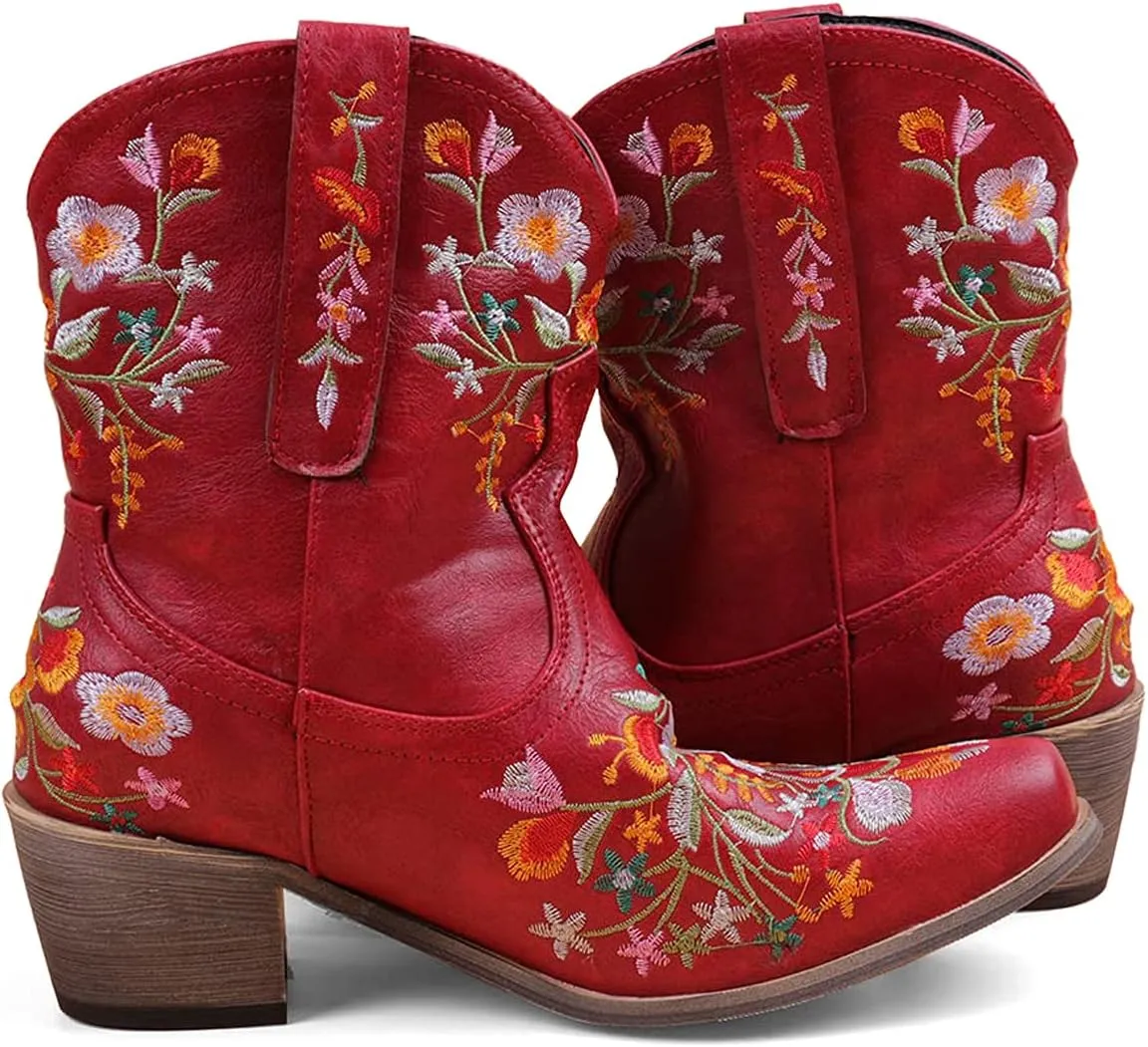 gloryinterest Cowboy Boots for Women Ankle Cowgirl Boots Western Flower Embroidered Square Toe Chunky Heel Stitched Retro Black Brown Red Blue Yellow Purple US5.5-10.5