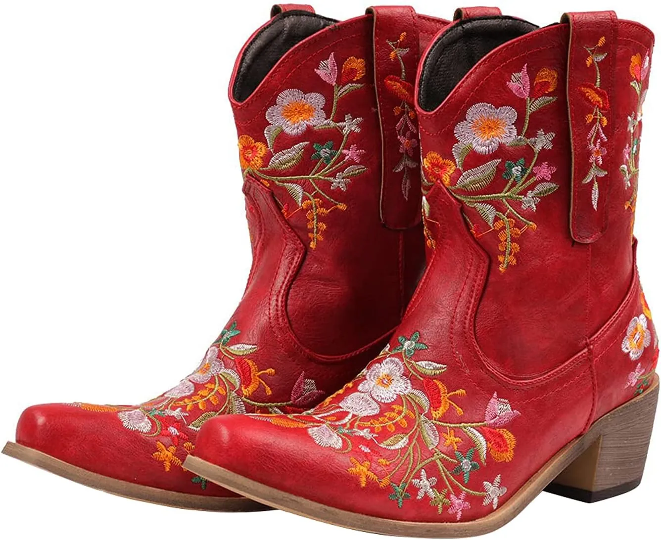 gloryinterest Cowboy Boots for Women Ankle Cowgirl Boots Western Flower Embroidered Square Toe Chunky Heel Stitched Retro Black Brown Red Blue Yellow Purple US5.5-10.5