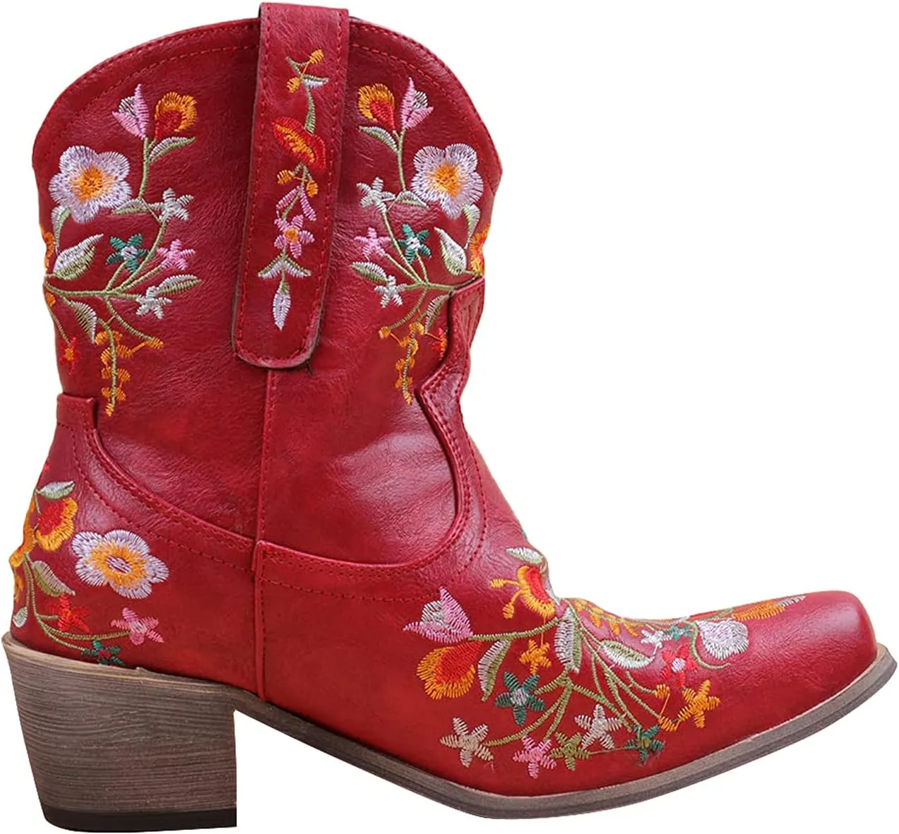 gloryinterest Cowboy Boots for Women Ankle Cowgirl Boots Western Flower Embroidered Square Toe Chunky Heel Stitched Retro Black Brown Red Blue Yellow Purple US5.5-10.5