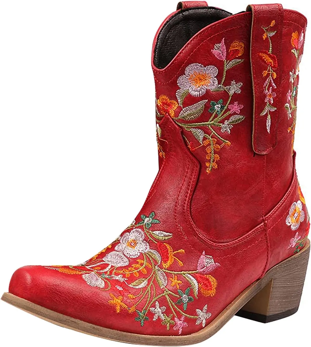 gloryinterest Cowboy Boots for Women Ankle Cowgirl Boots Western Flower Embroidered Square Toe Chunky Heel Stitched Retro Black Brown Red Blue Yellow Purple US5.5-10.5