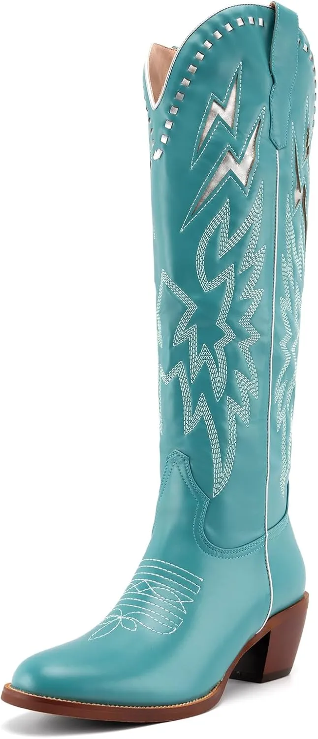 GORBINETI White Bone Lightning Boot for Women Pull on Knee High Cowgirl Cowboy City Boots Mid Chunky Heel Western Boots Embroidered Almond Toe Fashion Party Boots