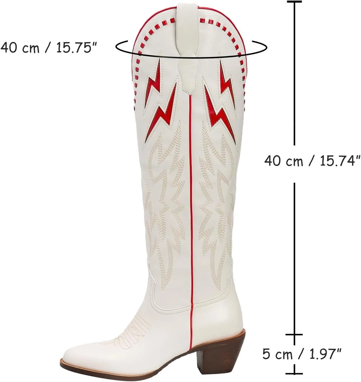 GORBINETI White Bone Lightning Boot for Women Pull on Knee High Cowgirl Cowboy City Boots Mid Chunky Heel Western Boots Embroidered Almond Toe Fashion Party Boots