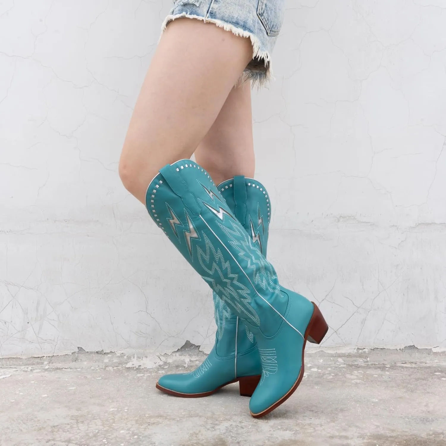 GORBINETI White Bone Lightning Boot for Women Pull on Knee High Cowgirl Cowboy City Boots Mid Chunky Heel Western Boots Embroidered Almond Toe Fashion Party Boots