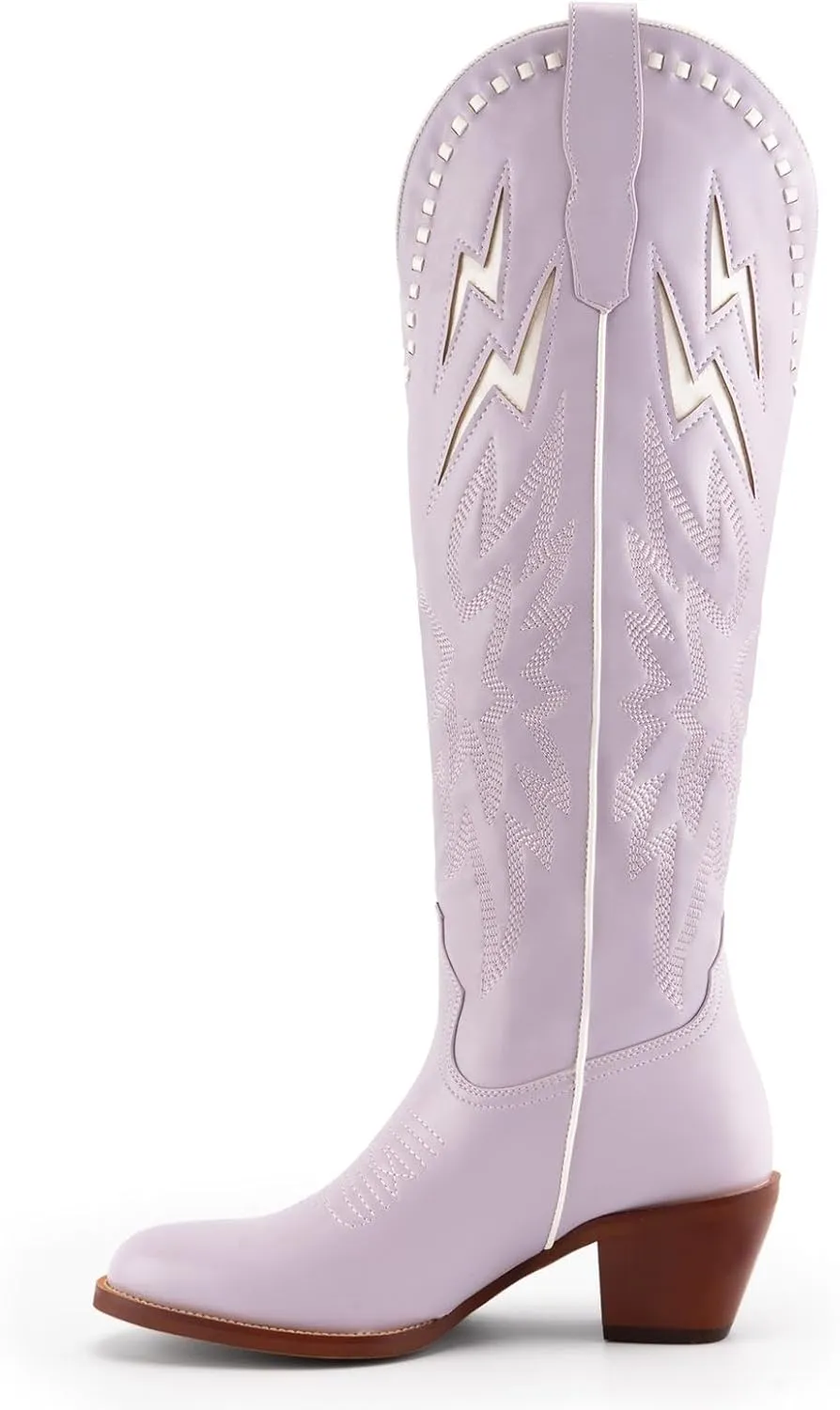 GORBINETI White Bone Lightning Boot for Women Pull on Knee High Cowgirl Cowboy City Boots Mid Chunky Heel Western Boots Embroidered Almond Toe Fashion Party Boots