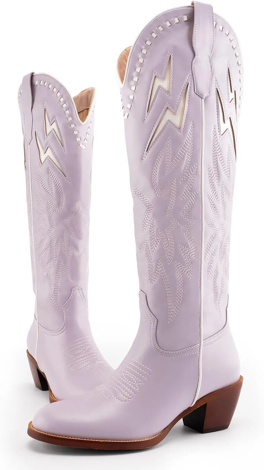 GORBINETI White Bone Lightning Boot for Women Pull on Knee High Cowgirl Cowboy City Boots Mid Chunky Heel Western Boots Embroidered Almond Toe Fashion Party Boots