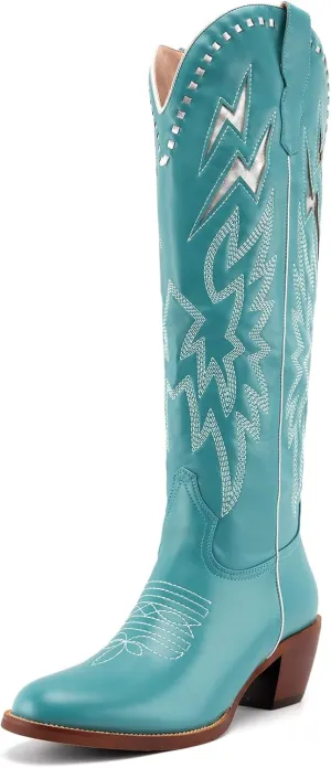 GORBINETI White Bone Lightning Boot for Women Pull on Knee High Cowgirl Cowboy City Boots Mid Chunky Heel Western Boots Embroidered Almond Toe Fashion Party Boots