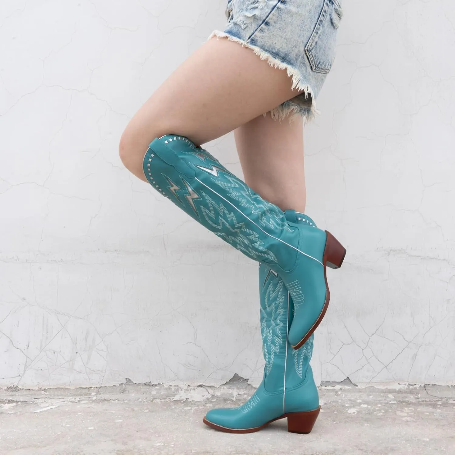 GORBINETI White Bone Lightning Boot for Women Pull on Knee High Cowgirl Cowboy City Boots Mid Chunky Heel Western Boots Embroidered Almond Toe Fashion Party Boots