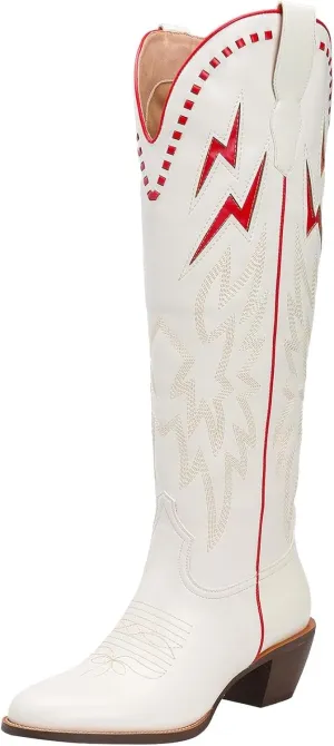 GORBINETI White Bone Lightning Boot for Women Pull on Knee High Cowgirl Cowboy City Boots Mid Chunky Heel Western Boots Embroidered Almond Toe Fashion Party Boots