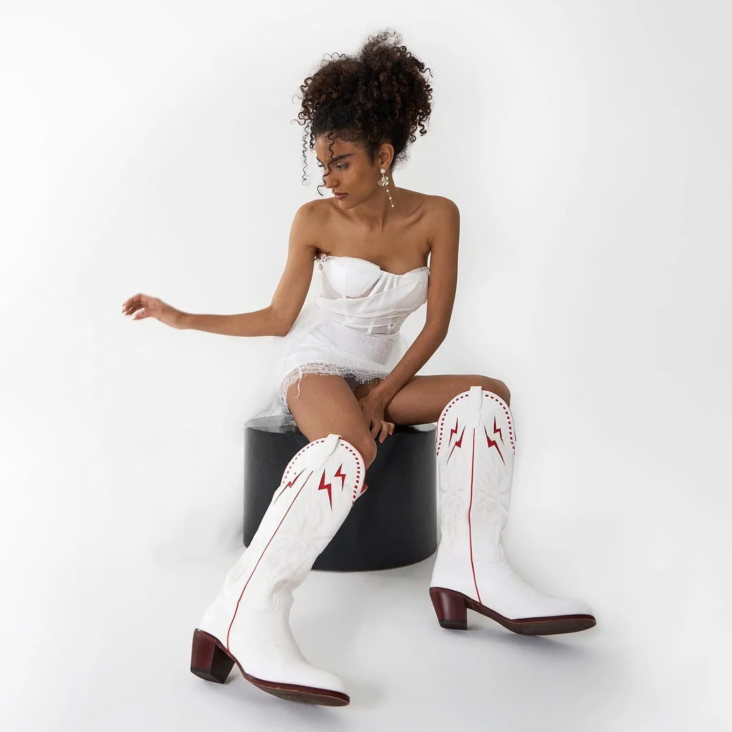GORBINETI White Bone Lightning Boot for Women Pull on Knee High Cowgirl Cowboy City Boots Mid Chunky Heel Western Boots Embroidered Almond Toe Fashion Party Boots