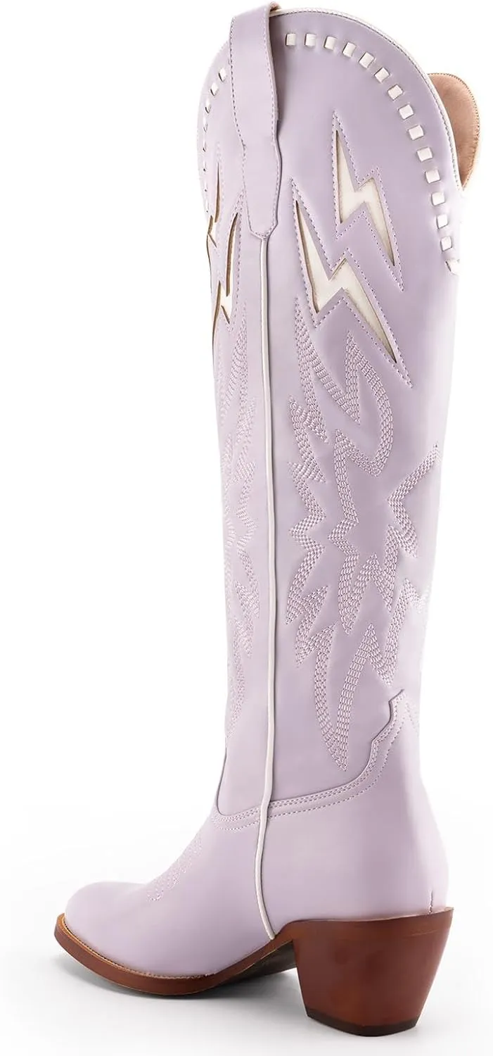 GORBINETI White Bone Lightning Boot for Women Pull on Knee High Cowgirl Cowboy City Boots Mid Chunky Heel Western Boots Embroidered Almond Toe Fashion Party Boots