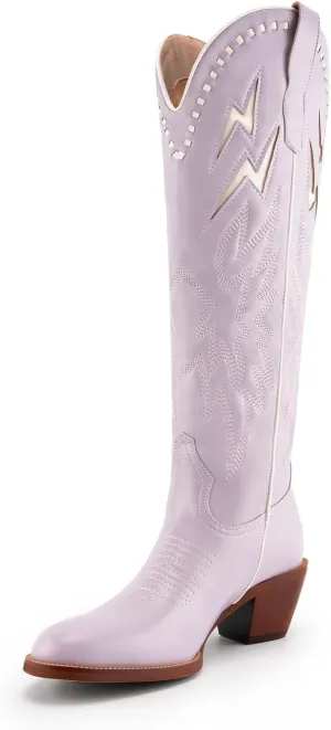 GORBINETI White Bone Lightning Boot for Women Pull on Knee High Cowgirl Cowboy City Boots Mid Chunky Heel Western Boots Embroidered Almond Toe Fashion Party Boots