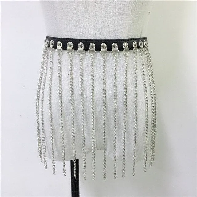 Gothic Shiny Laser Holographic Skirts Women Link Chains Long Tassels Mini Skirt Rave Festival Clothing 2019 Summer Beach Skirts