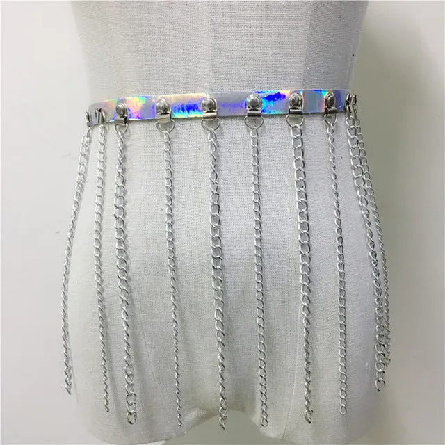 Gothic Shiny Laser Holographic Skirts Women Link Chains Long Tassels Mini Skirt Rave Festival Clothing 2019 Summer Beach Skirts