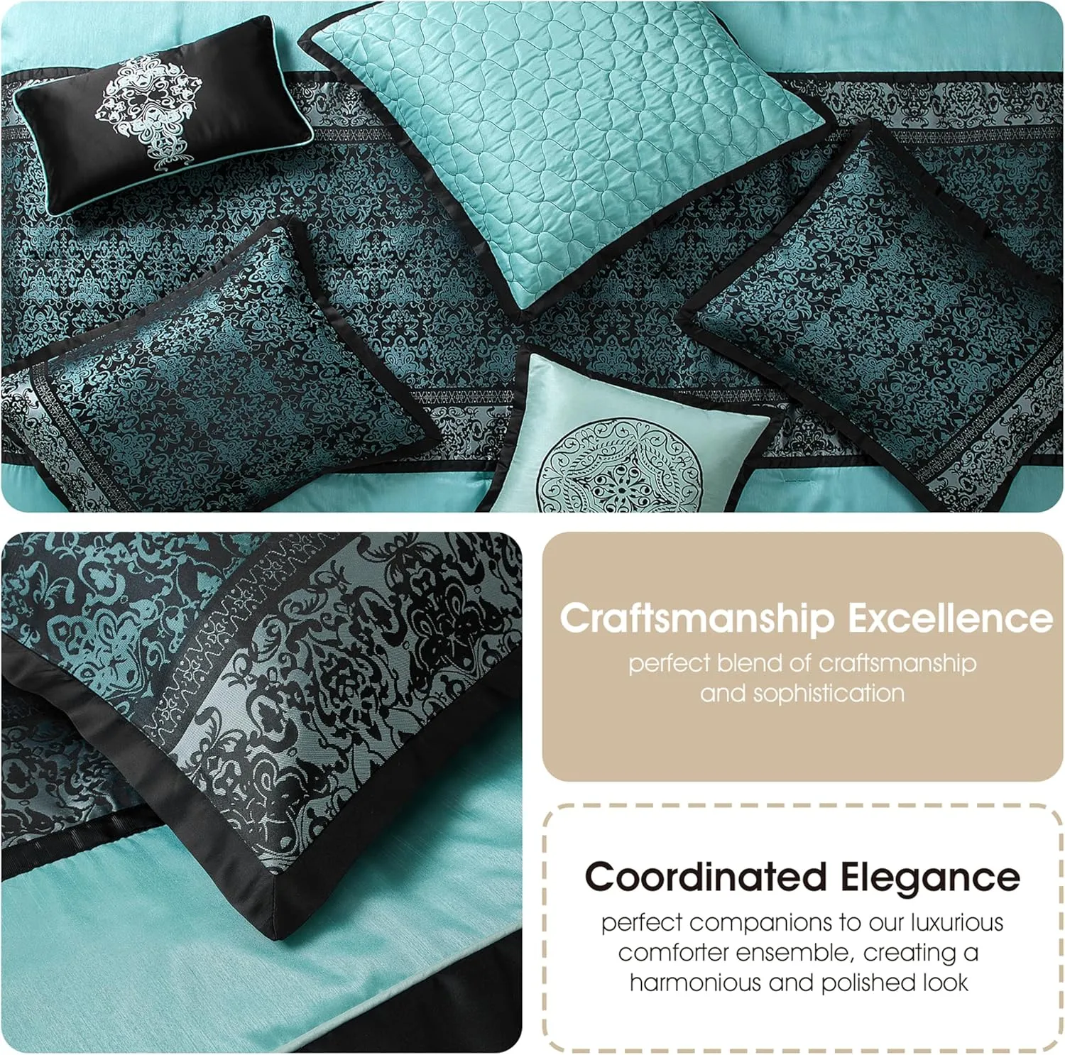 Grand Avenue Black & Teal Comforter Set Queen, Classic Jacquard Bedding Sets, Faux Silk, Premium Microfiber, 8 Pieces Bed in a Bag, Embroidered Pillows