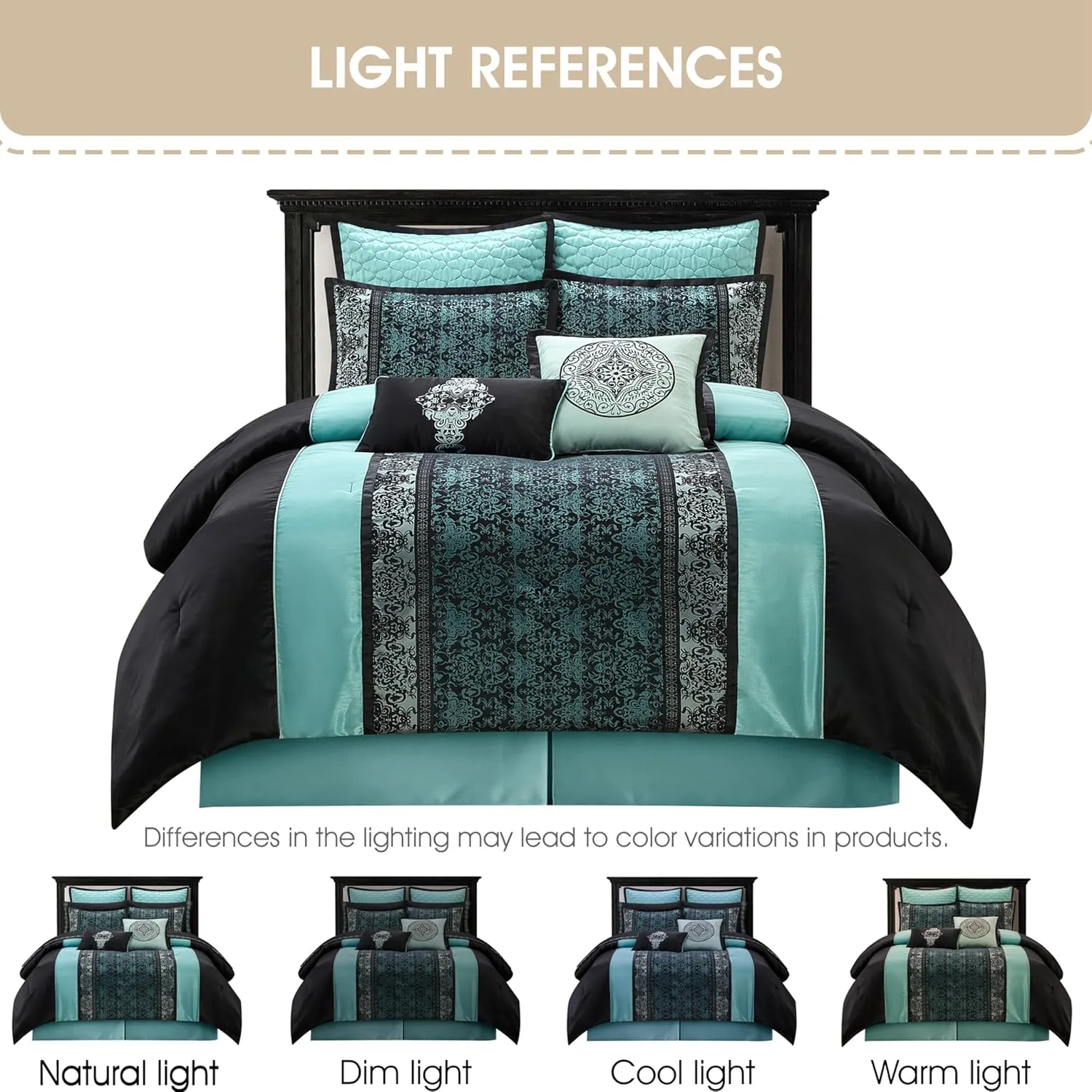 Grand Avenue Black & Teal Comforter Set Queen, Classic Jacquard Bedding Sets, Faux Silk, Premium Microfiber, 8 Pieces Bed in a Bag, Embroidered Pillows