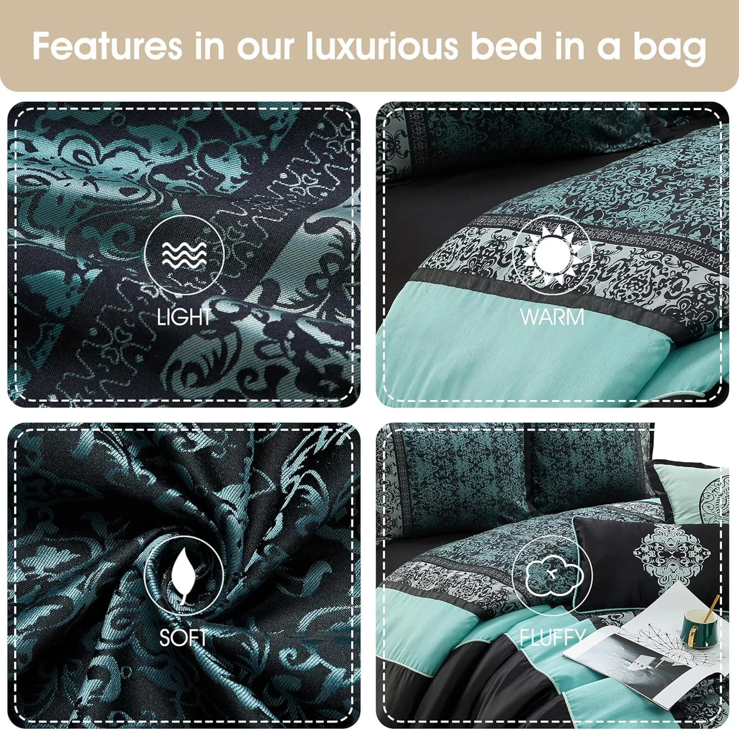 Grand Avenue Black & Teal Comforter Set Queen, Classic Jacquard Bedding Sets, Faux Silk, Premium Microfiber, 8 Pieces Bed in a Bag, Embroidered Pillows