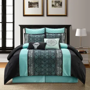 Grand Avenue Black & Teal Comforter Set Queen, Classic Jacquard Bedding Sets, Faux Silk, Premium Microfiber, 8 Pieces Bed in a Bag, Embroidered Pillows