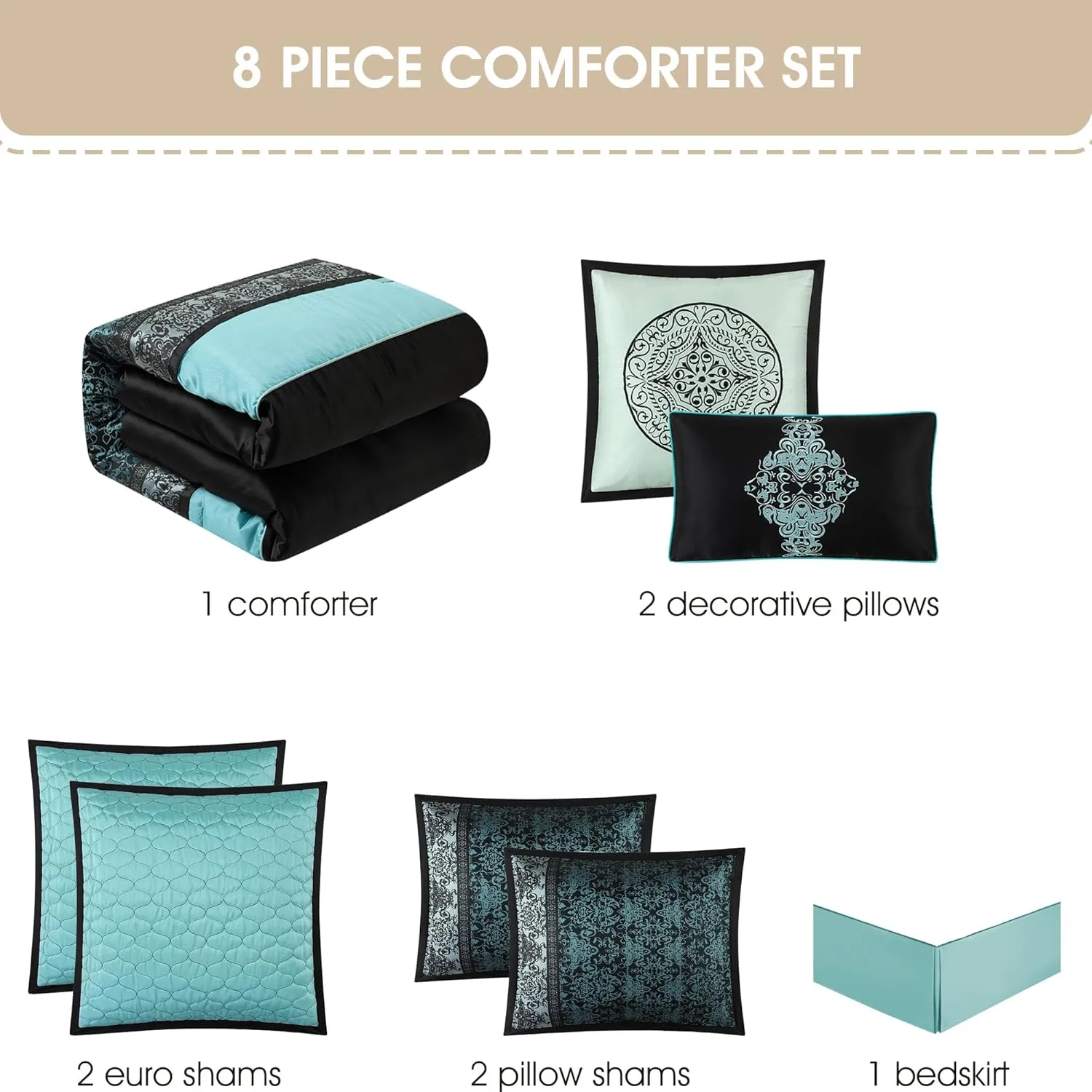 Grand Avenue Black & Teal Comforter Set Queen, Classic Jacquard Bedding Sets, Faux Silk, Premium Microfiber, 8 Pieces Bed in a Bag, Embroidered Pillows
