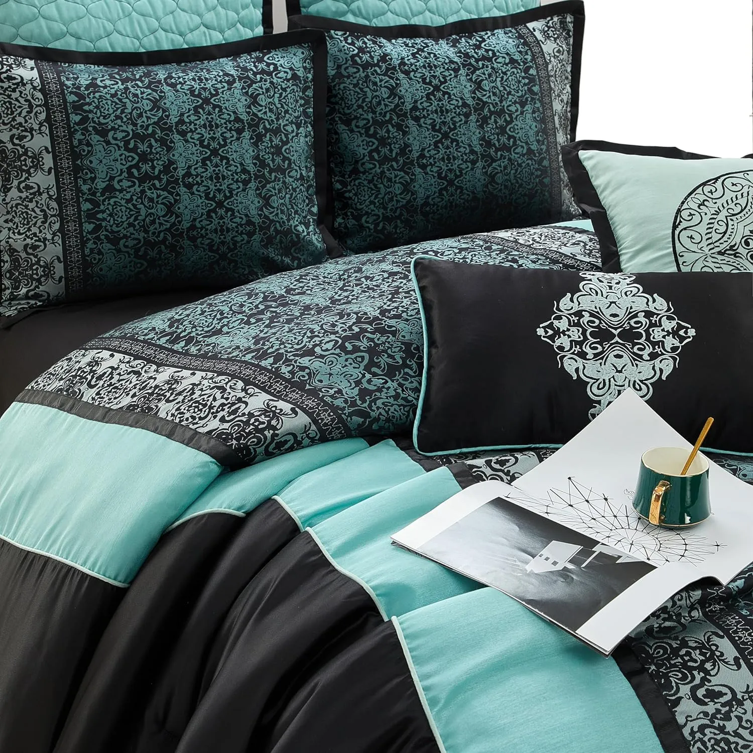 Grand Avenue Black & Teal Comforter Set Queen, Classic Jacquard Bedding Sets, Faux Silk, Premium Microfiber, 8 Pieces Bed in a Bag, Embroidered Pillows