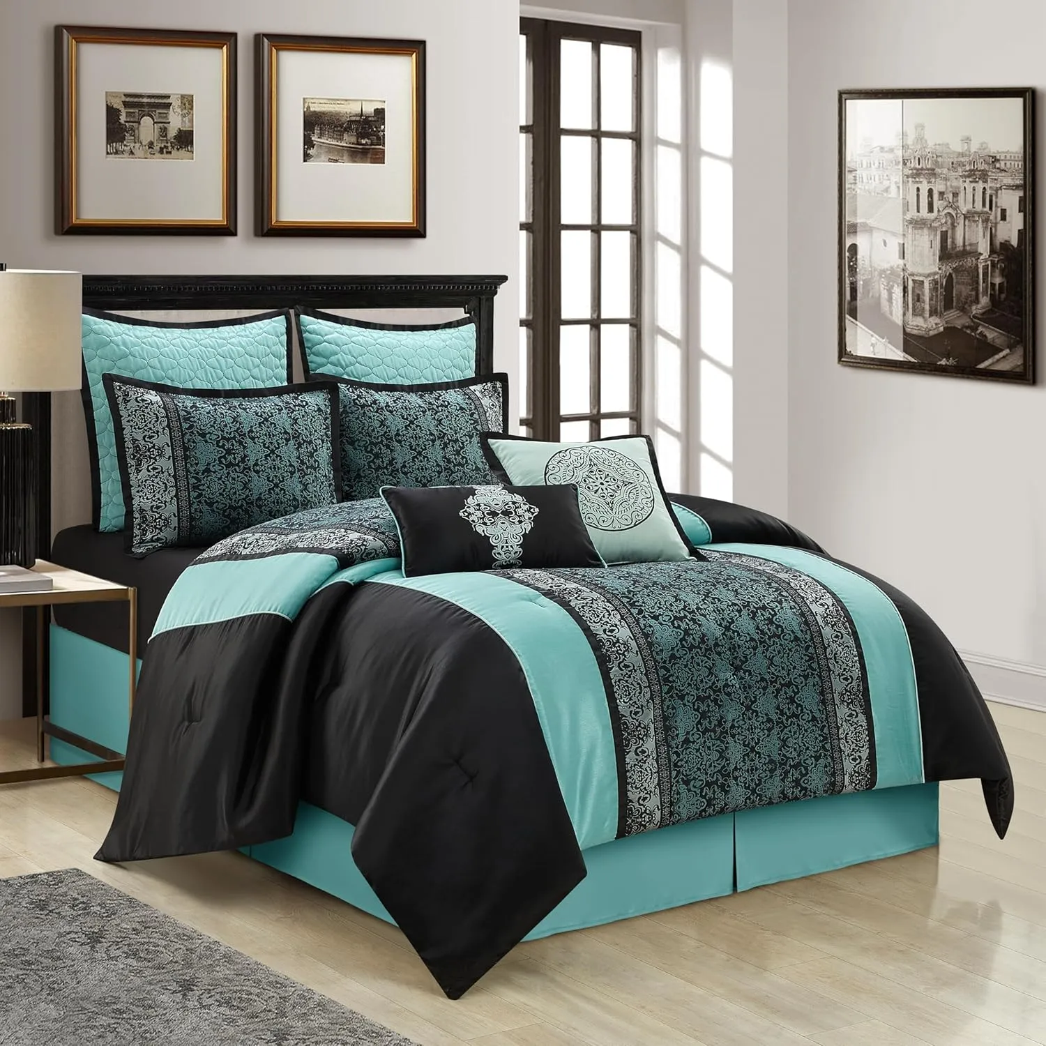 Grand Avenue Black & Teal Comforter Set Queen, Classic Jacquard Bedding Sets, Faux Silk, Premium Microfiber, 8 Pieces Bed in a Bag, Embroidered Pillows