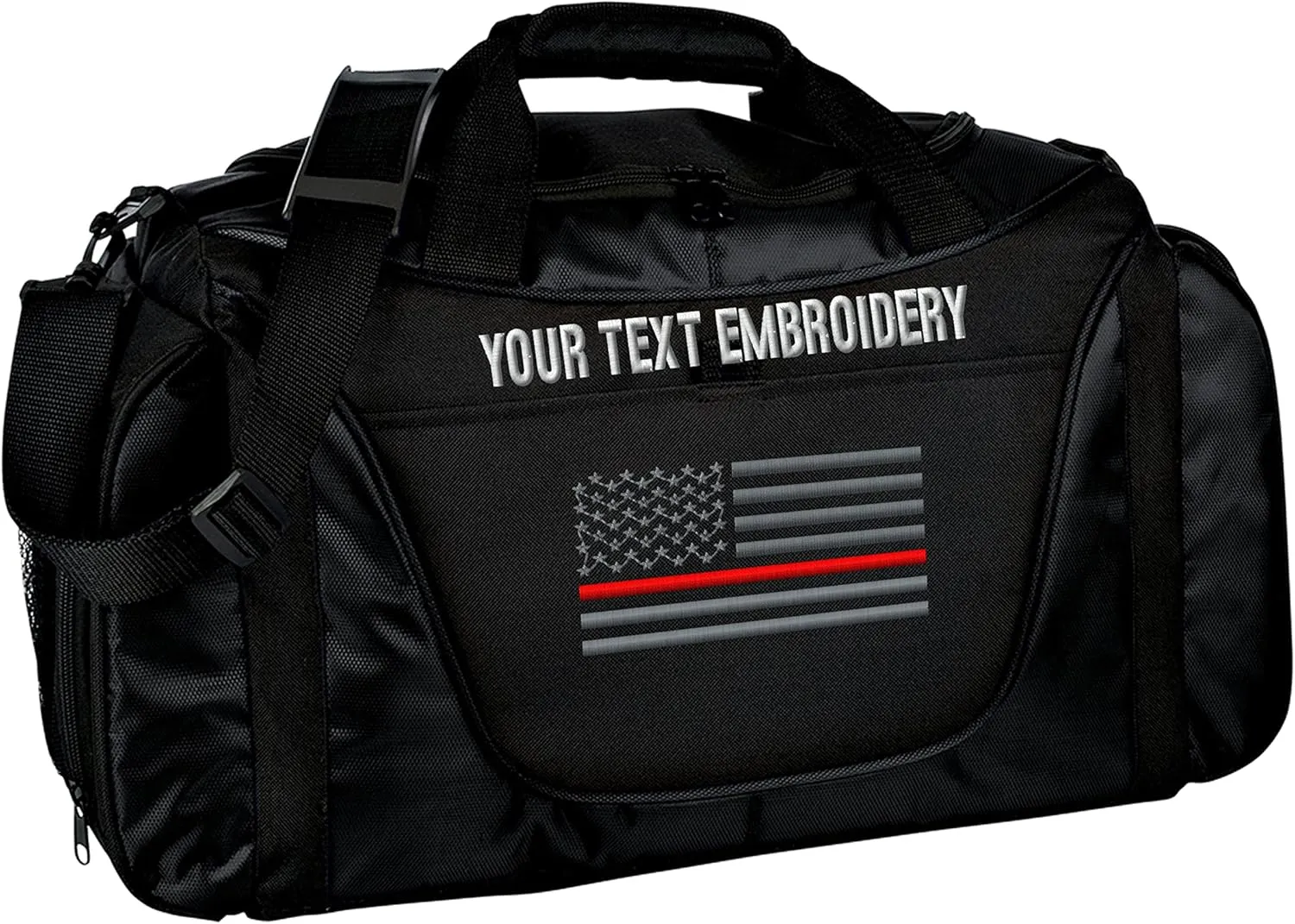 Gym Duffel bag Custom Embroidered Thin Red line or Blue line USA flag Travel Work Out Bag (Black/Black)