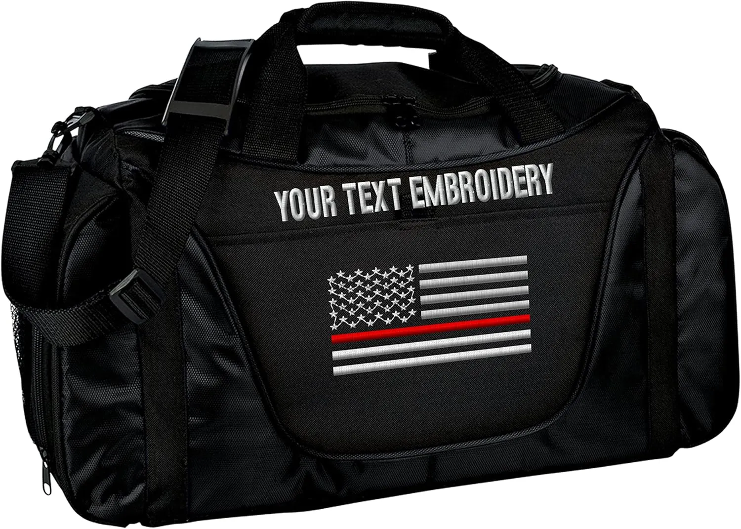 Gym Duffel bag Custom Embroidered Thin Red line or Blue line USA flag Travel Work Out Bag (Black/Black)