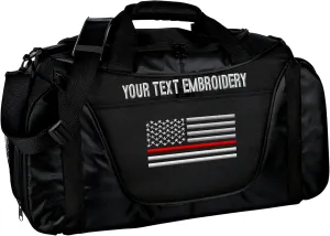 Gym Duffel bag Custom Embroidered Thin Red line or Blue line USA flag Travel Work Out Bag (Black/Black)